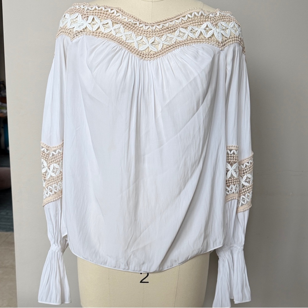 Ramy Brook White Blouse with Tan Embroidery off the shoulder peasant top XS